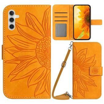 Voor Samsung Galaxy A14 5G HT04 Bedrukt Zonnebloem PU lederen Stand case Skin-Touch magnetische sluiting Telefoon portemonnee cover met schouderband