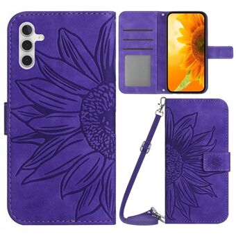 Voor Samsung Galaxy A14 5G HT04 Bedrukt Zonnebloem PU lederen Stand case Skin-Touch magnetische sluiting Telefoon portemonnee cover met schouderband