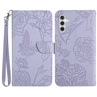 Voor Samsung Galaxy A14 5G HT03 Bedrukte Vlinder Bloemen Portemonnee Telefoonhoesje Skin-touch PU-leer Magnetische sluiting Handtas Flip Stand Cover met riem