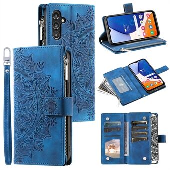 Voor Samsung Galaxy A14 5G PU-leer Mandala Bloem Bedrukt Handtas Telefoonhoesje Meerdere kaartsleuven Portemonnee Ritsvak Stand Flip Cover met riem