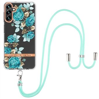 YB IMD-11 Serie voor Samsung Galaxy A14 5G IMD TPU Telefoonhoesje Bloemenpatroon Galvaniseren Anti Scratch Achterkant met Lanyard