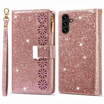 Voor Samsung Galaxy A14 5G PU lederen telefoonhoes Rits Portemonnee Stand Lasersnijwerk Glittery Starry Kaarthouder Beschermende telefoonhoes met riem