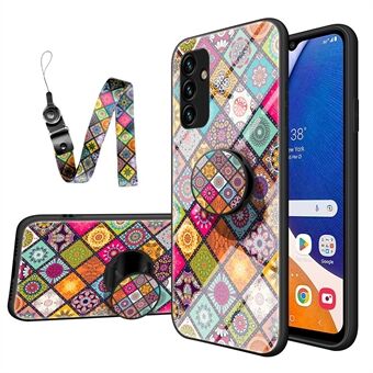 Voor Samsung Galaxy A14 5G Bloemenpatroon Ontwerp Telefoonhoesje PC + TPU + Gehard Glas Schokbestendige Bescherming Kickstand Cover met Lanyard