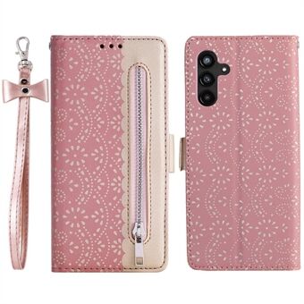 Voor Samsung Galaxy A14 5G Telefoon Stand Cover Rits Portemonnee Kant Bloemenpatroon PU Lederen Telefoonhoesje met Strik Polsband