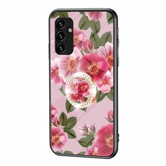 Voor Samsung Galaxy A14 5G bloempatroon telefoonhoes van gehard glas + pc + TPU-hoes met standaard