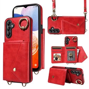 002 Voor Samsung Galaxy A14 5G / A14 4G Kaarthouder Ring Kickstand Cover Litchi-textuur kunstleer gecoate TPU telefoonhoes met schouderriem.