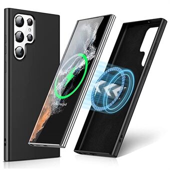 Liquid Series voor Samsung Galaxy S23 Ultra Magnetisch Telefoonhoesje Rubberen Zachte TPU Beschermende Telefoon Achterkant Ondersteuning Draadloos Opladen - Zwart