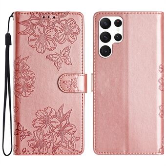 Voor Samsung Galaxy S23 Ultra hoesje Sakura Butterfly Imprint Valbescherming Leren Telefoonhoesje