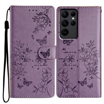 Voor Samsung Galaxy S23 Ultra portemonnee telefoonhoesje met vlinderbloemenprint lederen hoes