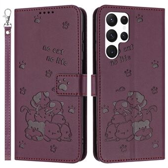 Voor Samsung Galaxy S23 Ultra Hoesje met Bandje Kattenprint Leren Portemonnee Telefoonhoesje