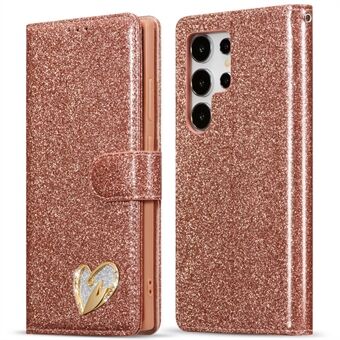 Voor Samsung Galaxy S23 Ultra Glitter Leren Hoes met Diamanten Liefdeshart Portemonnee Standaard Flip Cover