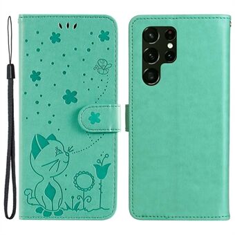 Beschermend telefoonhoesje voor Samsung Galaxy S23 Ultra, KT opdruk Flower Series-4 Stand portemonnee bedrukt kat en bij patroon PU lederen telefoonhoes met riem