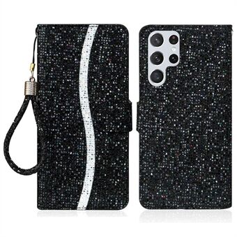 Voor Samsung Galaxy S23 Ultra Glitter Bling Splicing Design PU Lederen Schokbestendige Hoes Telefoon Portemonnee Standaard Beschermhoes met Handriem