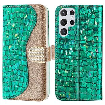 Voor Samsung Galaxy S23 Ultra Sparkly Glitter Splicing Telefoon Stand Cover Krokodil Textuur Drop-proof PU Leather Wallet Case