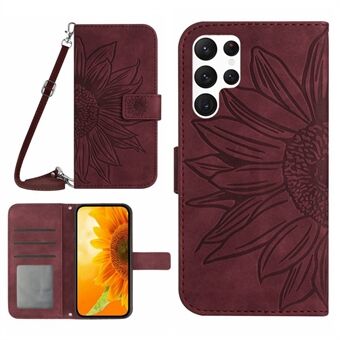 Voor Samsung Galaxy S23 Ultra HT04 Schokabsorberende Skin-Touch PU lederen telefoon Schokbestendige hoes bedrukt Zonnebloem Stand Wallet Cover met schouderriem