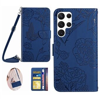 Voor Samsung Galaxy S23 Ultra HT03 bedrukte vlinder bloemen portemonnee hoesje Skin-touch PU leer magnetische sluiting flip Stand telefoonhoes met schouderriem