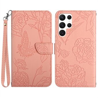 Skin-touch PU lederen telefoonhoes voor Samsung Galaxy S23 Ultra, HT03 bedrukte vlinder bloemen magnetische portemonnee Stand schokbestendige flip telefoonhoes met riem