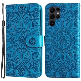 Voor Samsung Galaxy S23 Ultra Zonnebloem bedrukt PU-leer Anti- Scratch telefoonhoesje Opvouwbare Stand Flip Wallet Cover met handriem