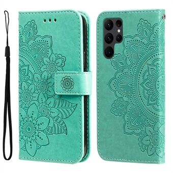 Flower Imprinting Anti-val telefoonhoes voor Samsung Galaxy S23 Ultra, opvouwbare Stand PU lederen telefoon portemonnee hoes met riem