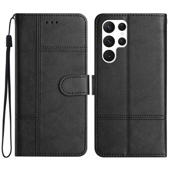 Voor Samsung Galaxy S23 Ultra Zakelijke Stijl PU Lederen Beschermhoes Koeienhuid Textuur Lijn Bedrukte Stand Portemonnee Telefoon Case met Riem