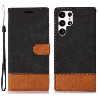 Voor Samsung Galaxy S23 Ultra Color Splicing PU Leather Wallet Cover Magnetische Sluiting Stand Skin-Touch Feel Anti-Vingerafdruk Telefoon Case met Riem