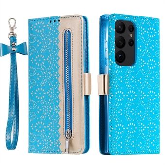 Schokbestendig Hoesje voor Samsung Galaxy S23 Ultra Rits Portemonnee Telefoonhoesje Kant Bloem Patroon PU Lederen Stand Cover met Bowknot Polsband