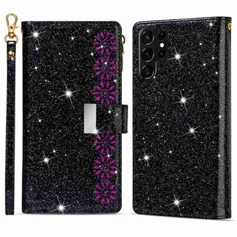 Beschermende telefoonhoes Rits portemonnee voor Samsung Galaxy S23 Ultra Laser Carving Glittery Starry Style lederen telefoonhoes Stand met riem