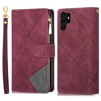 Voor Samsung Galaxy S23 Ultra Anti-valkleur Splicing Stand Wallet Flip Leather Cover Imprinting Lines Anti-shock Phone Case met Ritsvak