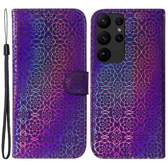 Voor Samsung Galaxy S23 Ultra Oogverblindend bloemenpatroon PU lederen hoes Stand Volledige dekking Binnenste TPU-telefoonhoes met riem