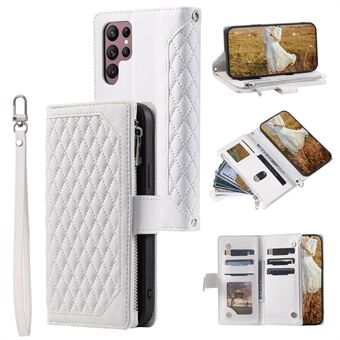 Voor Samsung Galaxy S23 Ultra 005 Stijl Rhombus Bedrukt PU Leather Cover Rits Zak Stand Portemonnee Telefoon Case met Riem