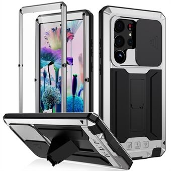 R-JUST Voor Samsung Galaxy S23 Ultra Slide Camera Deksel PC + Siliconen + Metalen Telefoon Anti-drop Case Verborgen Kickstand Back Cover met Gehard Glas Screen Protector