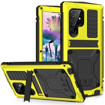 R-JUST Voor Samsung Galaxy S23 Ultra PC+Silicone+Metal Waterproof Drop-proof Case Verborgen Kickstand Back Cover met Tempered Glass Screen Protector