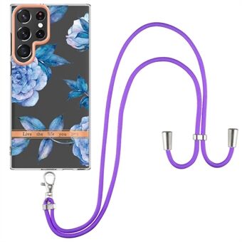 YB IMD-11-serie voor Samsung Galaxy S23 Ultra bloemenpatroon IMD IML TPU-telefoonhoes galvaniseren Drop-proof achterkant met lanyard