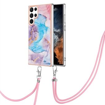 Anti-val telefoonhoes voor Samsung Galaxy S23 Ultra YB IMD Series-4 IMD IML marmer bloemenpatroon galvaniseren frame zacht TPU telefoonhoesje met lanyard