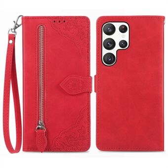 Voor Samsung Galaxy S23 Ultra Drop-proof Flip Phone Case Wallet Stand Flower Imprinted PU Leather Zipper Pocket Phone Cover with Strap