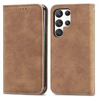 Magnetische auto-sluitende telefoonhoes voor Samsung Galaxy S23 Ultra, schokbestendig Skin-touch Retro PU lederen Stand telefoonhoesje met kaarthouder