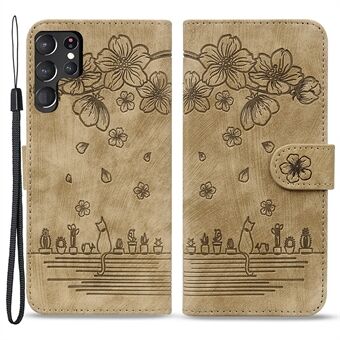 Voor Samsung Galaxy S23 Ultra Imprinted Cat PU lederen portemonnee-hoes Opvouwbare Stand Telefoonhoes met riem