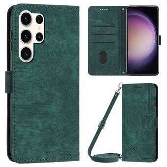 Voor Samsung Galaxy S23 Ultra Wallet Phone Case Crossbody PU Leather Stand Lines Imprinted Flip Cover