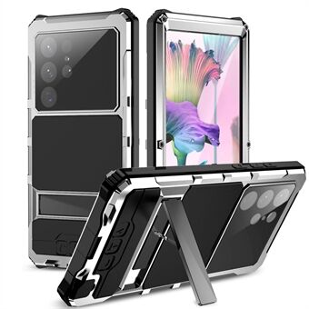 R-JUST Voor Samsung Galaxy S23 Ultra Kickstand Telefoon Case PC + Siliconen + Metalen Waterdichte Stofdichte Cover met Screen Protector