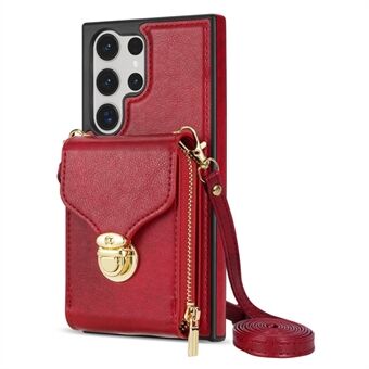 Voor Samsung Galaxy S23 Ultra Crossbody Kaarthouder Kickstand Case PU Leather Coated TPU Rits Telefoon Cover