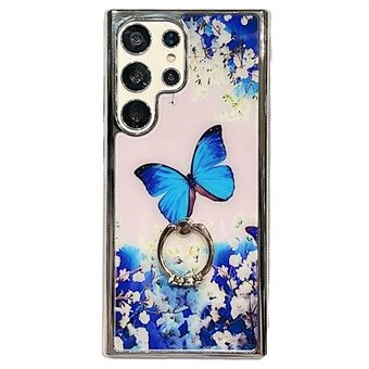 Voor Samsung Galaxy S23 Ultra IMD Bloempatroon Galvaniseren Cover PC+TPU Telefoonhoes met Ring Kickstand