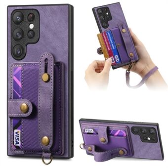 D9 Voor Samsung Galaxy S23 Ultra Hoesje Kaarthouder Retro Leder Gecoate PC+TPU Polsband Telefoonhoesje