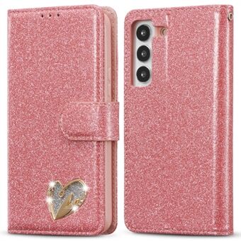 Voor Samsung Galaxy S23 Glanzend Leren Hoesje met Diamanten Liefdeshart Portemonnee Standaard Flip Cover