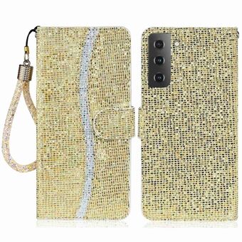 Voor Samsung Galaxy S23 Glitter Bling Splicing Design PU Leren Telefoon Wallet Hoes Flipstand Beschermende Hoes met Handriem