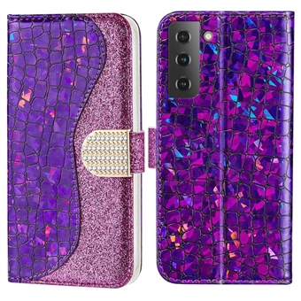 Voor Samsung Galaxy S23 Krokodillentextuur Sprankelende Glitter Gesplitste Telefoonhoes PU Lederen Schokbestendige Opvouwbare Stand Portemonnee Hoes