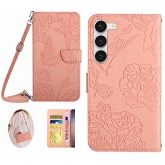 Voor Samsung Galaxy S23 HT03 bedrukte vlinder bloemen portemonnee flip cover PU lederen skin-touch Stand magnetische folio beschermende telefoonhoes met schouderriem