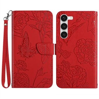 Voor Samsung Galaxy S23 HT03 Skin-touch PU Leather Wallet Case Stand Magnetische Sluiting Bedrukt Vlinder Bloemen Telefoon Cover met Riem