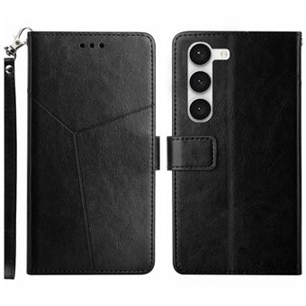 Voor Samsung Galaxy S23 HT01 PU Leer Opgedrukt Y-Vormige Lijnen Telefoon Case Anti-shock Flip Wallet Cover opvouwbare Stand met Riem