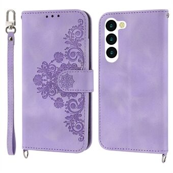 Voor Samsung Galaxy S23 Skin-touch PU-leer bedrukte bloemen telefoon portemonnee hoesje meerdere kaartsleuven Stand cover met polsband en schouderriem