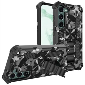 Voor Samsung Galaxy S23 Versterkte Hoeken Schokbestendig Kickstand Telefoonhoesje Camouflage Design PC + TPU Hybrid Cover